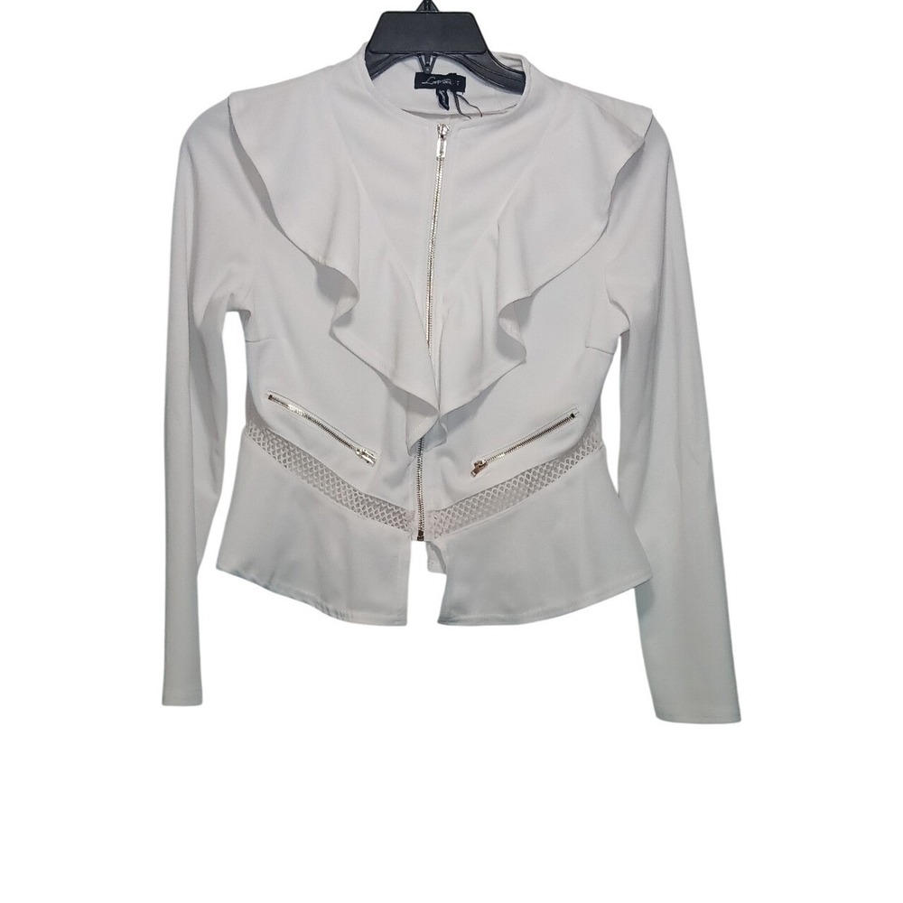 Love Universe Peplum Jacket Womens XL White Ruffle Mesh Detail Romantic Style